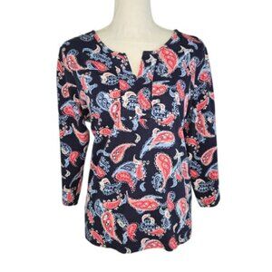 Women’s Petite Paisley Split Neck Knit Top 3/4 Sleeve PXL